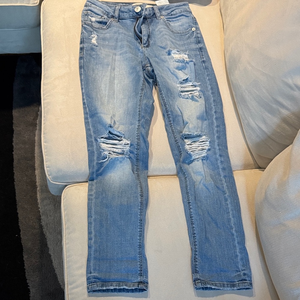 Garage Light Blue Girlfriend Distressed Straight Leg Jeans Mid Rise